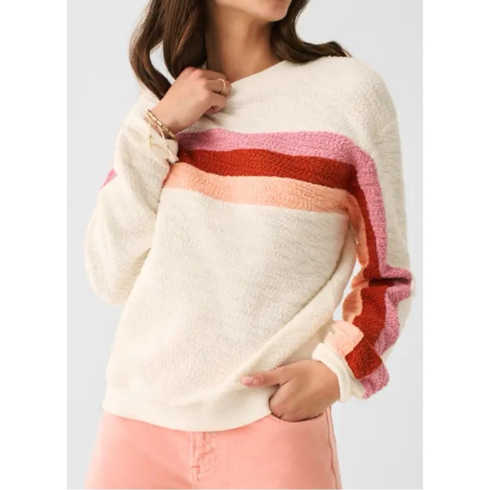 Faherty Cream Crewneck Sweater with Pink, Coral & Red Stripes